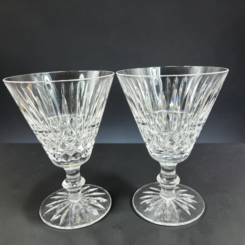 Waterford Crystal Tramore Tall Cups Glasses Set of 2 Cut Glass Goblets Signed‎